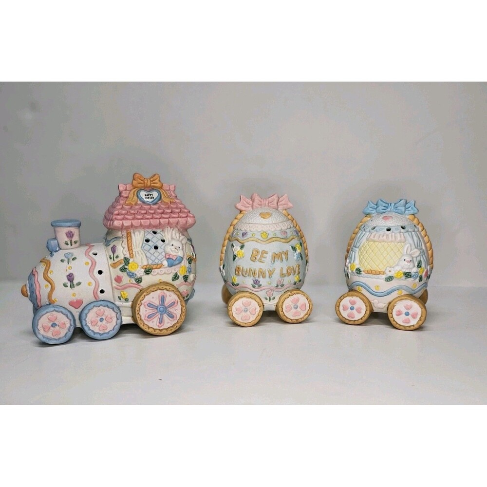 Hand Painted Easter Egg Train 3 Piece Set, Hand Painted Porcelain - Vtg